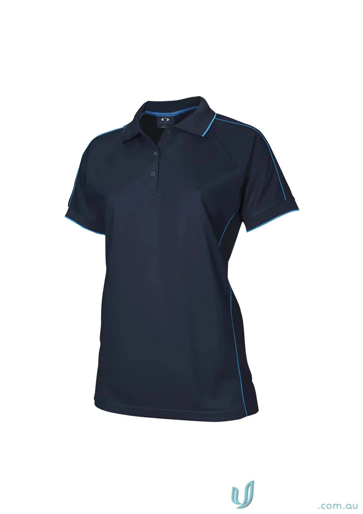 Dark blue ladies resort polo shirt with light blue trim, modern fit from Biz Collection Ladies