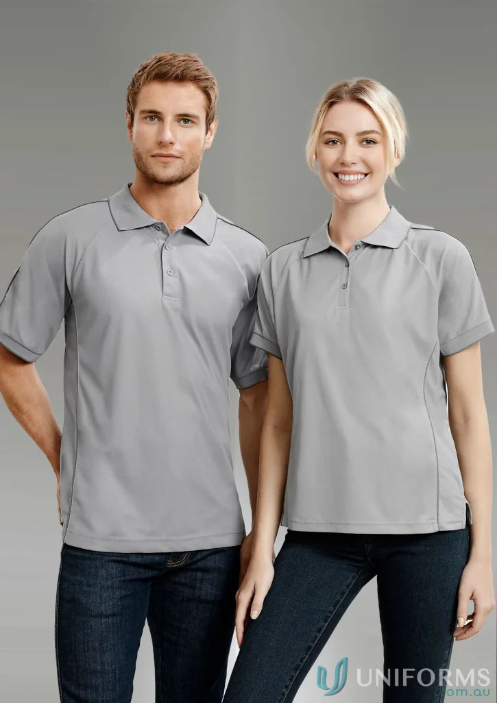 Two people wearing matching gray Ladies Resort Polo shirts from Biz Collection Ladies with modern fit