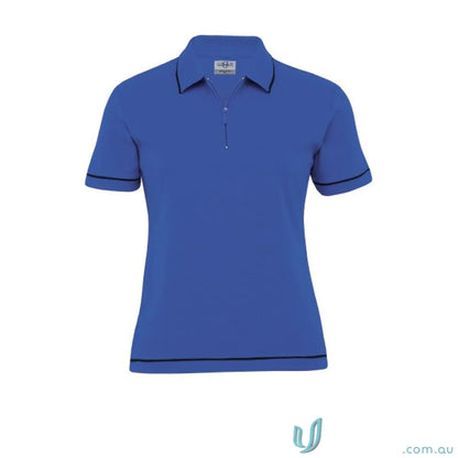 Ladies Retro Waffle Polo featuring a navy blue shirt with black trim and white accents