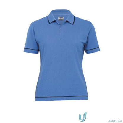 Ladies Retro Waffle Polo featuring a navy blue polo shirt with zipper for a retro vibe