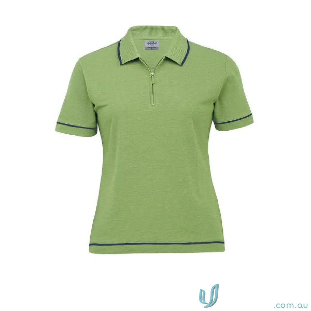 Ladies Retro Waffle Polo featuring a green polo shirt with navy trim and stylish details