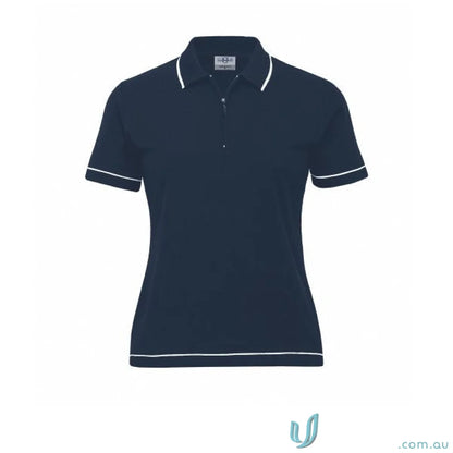 Navy blue Ladies Retro Waffle Polo with white trim, perfect casual summer look