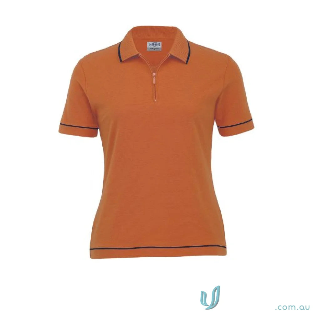 Orange polo shirt with zipper from Ladies Retro Waffle Polo collection, perfect for casual style