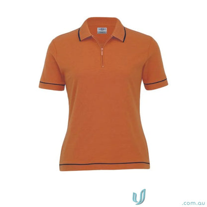 Orange polo shirt with zipper from Ladies Retro Waffle Polo collection, perfect for casual style