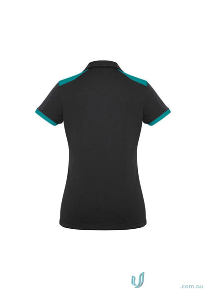 Ladies Rival Polo black short sleeve shirt with bold contrast teal trim on shoulders