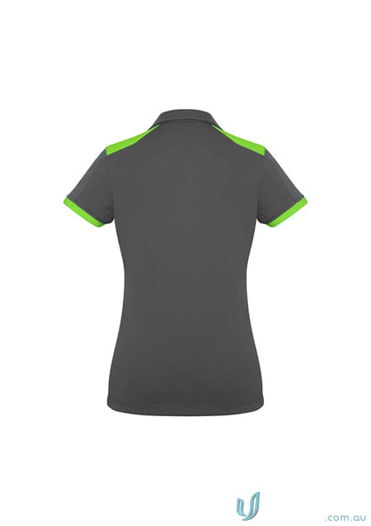 Ladies Rival Polo with bold contrast dark gray short sleeve and bright green accents