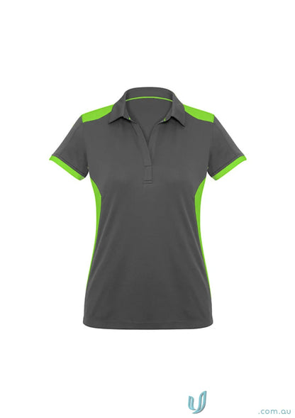 Ladies Rival Polo with bold contrast lime green accents on charcoal gray short sleeve shirt