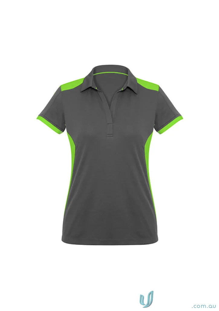 Ladies Rival Polo with bold contrast lime green accents on charcoal gray short sleeve shirt