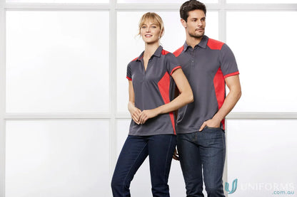 Ladies Rival Polo with bold contrast grey and red short-sleeve polo shirts for men and women