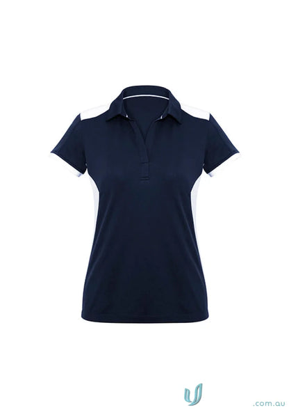 Ladies Rival Polo navy blue short sleeve shirt with bold contrast white side panels
