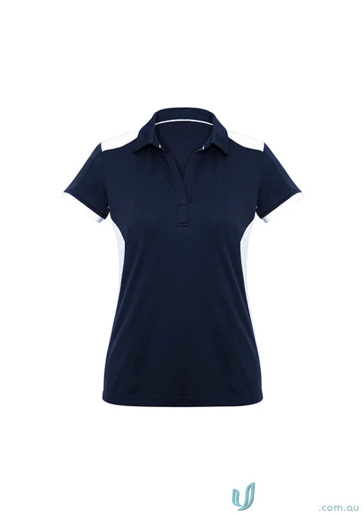 Ladies Rival Polo navy blue short sleeve shirt with bold contrast white side panels