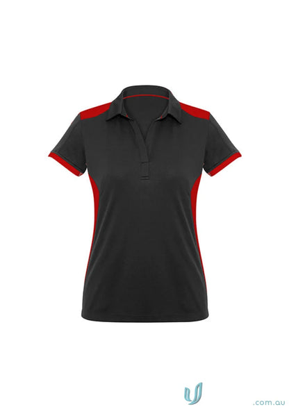 Ladies Rival Polo with bold contrast red shoulder panels and short sleeves