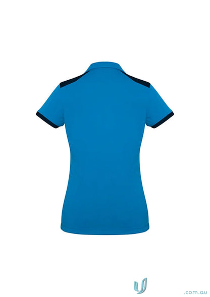 Ladies Rival Polo with bold contrast dark blue trim on bright blue short sleeve shirt