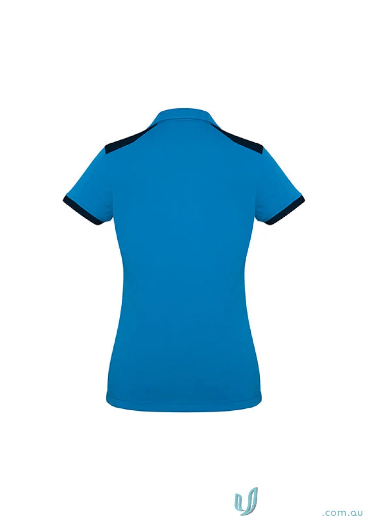Ladies Rival Polo with bold contrast dark blue trim on bright blue short sleeve shirt