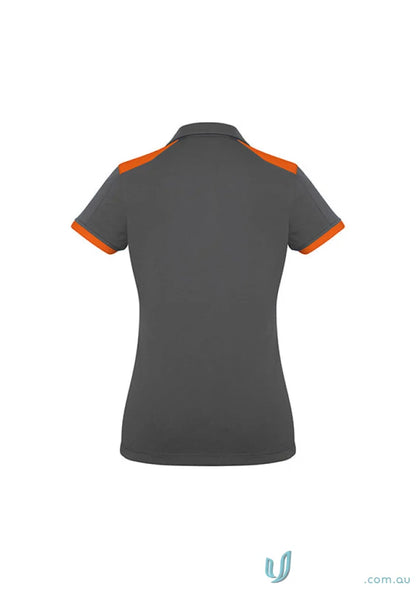 Ladies Rival Polo in dark gray with bold contrast orange trim on collar and cuffs