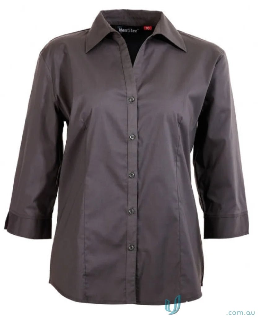 Ladies Rodeo 3Qtr Sleeve Shirt in dark gray with a collar and button-up design