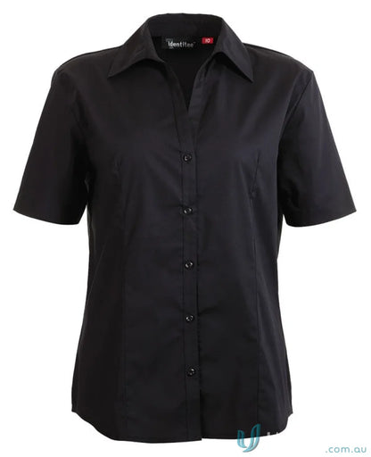 Ladies Rodeo short-sleeve black collared shirt, perfect for workwear and uniforms