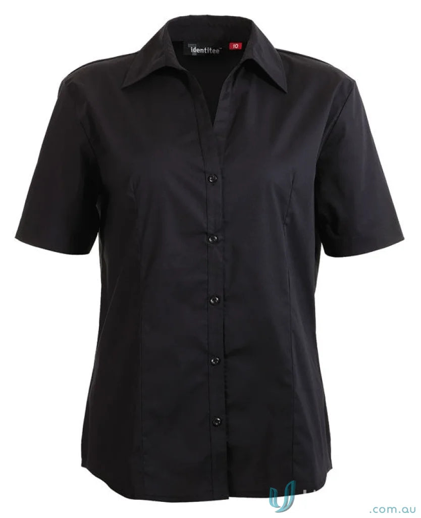 Ladies Rodeo short-sleeve black collared shirt, perfect for workwear and uniforms