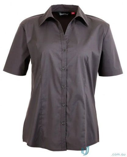 Dark gray Ladies Rodeo S/S Shirt with V-neck collar, perfect for workwear or uniforms