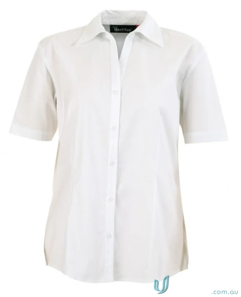 Ladies Rodeo short-sleeve white collared blouse perfect for workwear or uniforms
