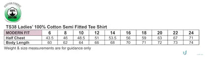 Ladies Savvy Tee size chart showing ts38 savvy, ladies spirit tee, winning spirit ladies