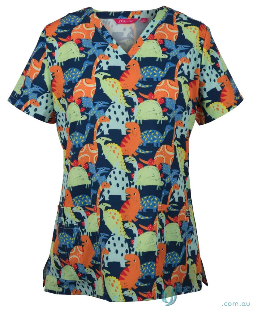 Dinosaur-patterned Ladies Scrub Top for beauty therapists uniforms, perfect printed scrub