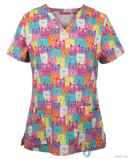 Colorful cat-patterned scrub top from 4stp1-smiley scrub tops for beauty therapists uniforms