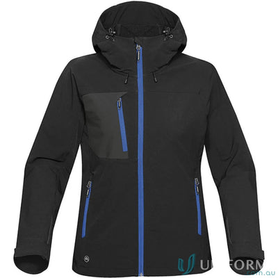 Ladies Sidewinder Shell waterproof jacket with blue zippers and attached articulated hood