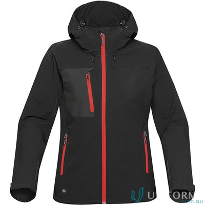Ladies Sidewinder Shell waterproof jacket with attached articulated hood and red zippers
