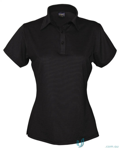 Ladies SilverTech Polo with black striped pattern, featuring nano-scale silver technology and performance fabric yarn-treated for cool dry® comfort