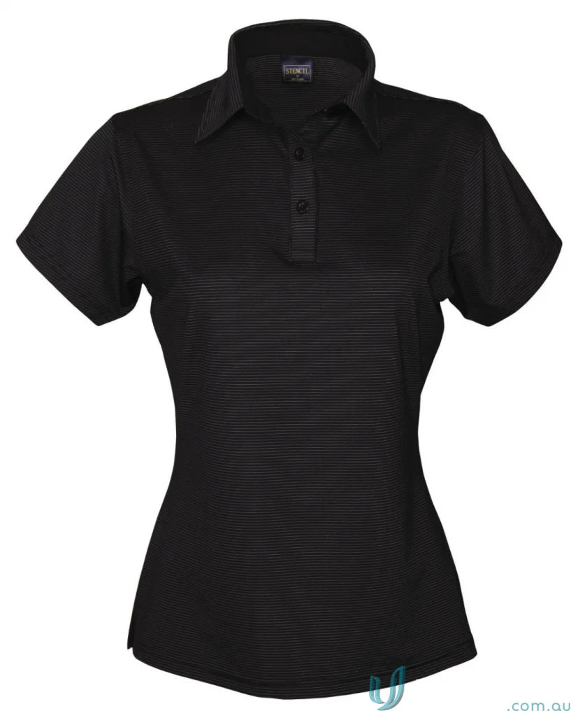 Ladies SilverTech Polo with black stripes made from performance fabric yarn-treated cool dry® material