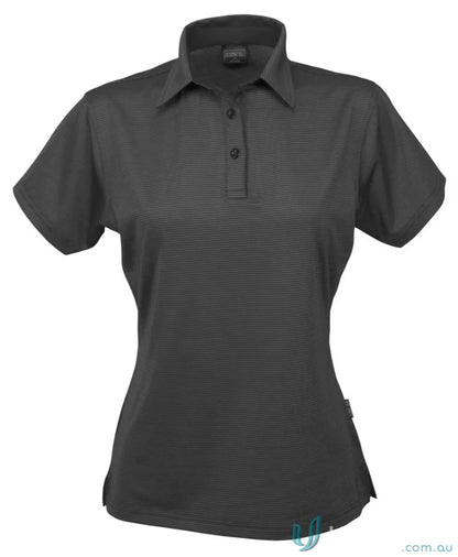 Gray striped Ladies SilverTech Polo with nano-scale silver tech and performance fabric yarn-treated for cool dry® comfort