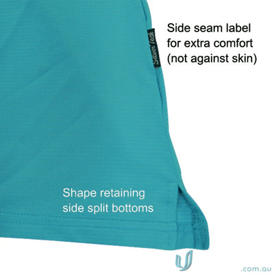 Ladies SilverTech Polo teal shirt with side seam label and split bottoms, nano-scale silver tech