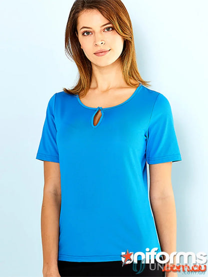 Blue short-sleeved keyhole T-shirt from Ladies SilverTech Top, perfect for cool dry uniforms