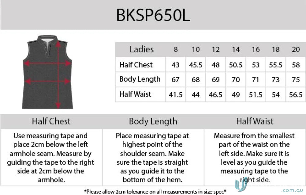 Ladies Sleeveless Polo size chart with Aegis Microbe Shield and CoolDry moisture tech