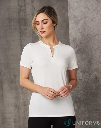 Sofia Ladies Knit Top with inset V-neck tab, perfect for winning spirit ladies