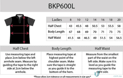 Clothing size chart for Ladies Soft Touch Contrast Polo with aegis microbe shield and cooldry moisture management