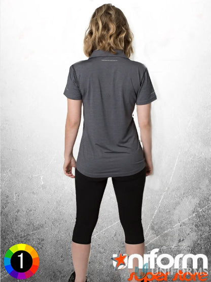 Ladies Soft Touch Polo in gray with black capri pants, offers soft touch and cooldry moisture management
