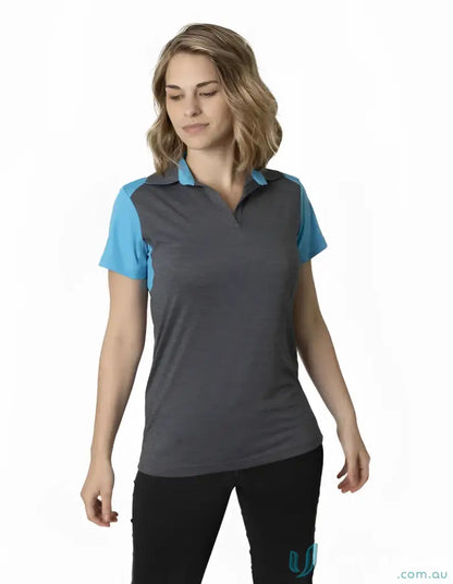 Women’s soft touch shoulder polo with grey body, light blue shoulder panels, cooldry tech