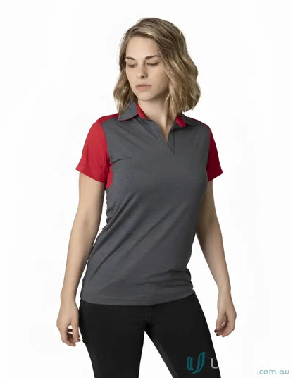 Woman in Ladies Soft Touch Shoulder Polo with cooldry moisture management and shoulder panels