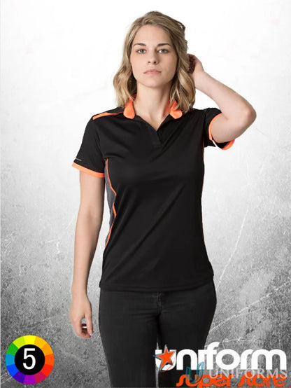 Black and orange polyester cooldry polo shirt from Ladies Soft Touch Stripe Polo collection