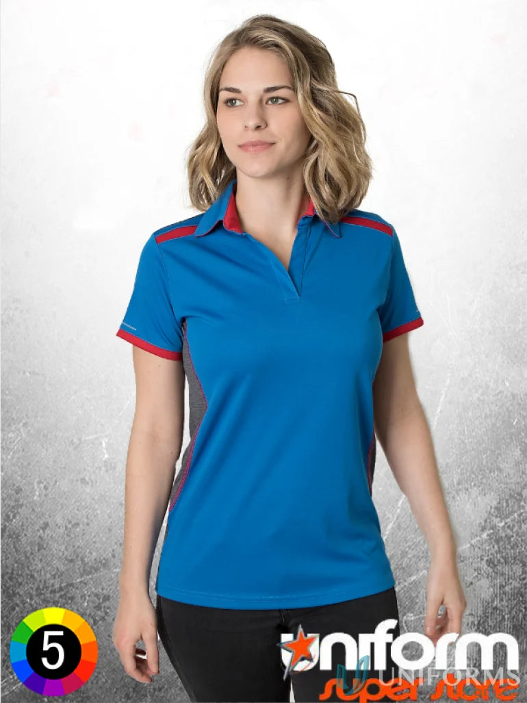 Blue and red women’s polo shirt with aegis microbe shield and cooldry moisture tech