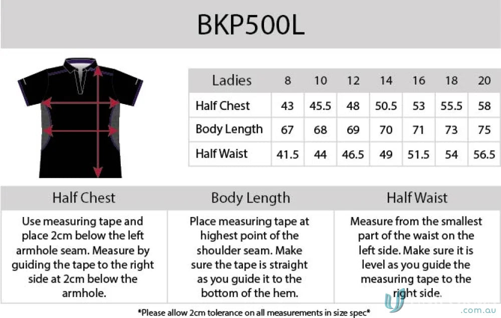Clothing size chart for Ladies Soft Touch Stripe Polo with aegis microbe shield and cooldry tech