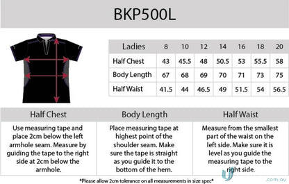 Clothing size chart for Ladies Soft Touch Stripe Polo with aegis microbe shield and cooldry tech