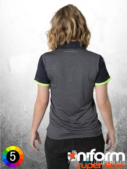 Ladies Soft Touch Stripe Polo in gray and black with aegis microbe shield and cooldry polyester moisture management