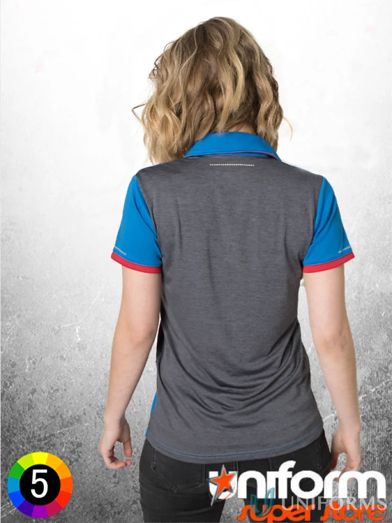 Gray and blue Ladies Soft Touch Stripe Polo with Aegis Microbe Shield and CoolDry moisture management
