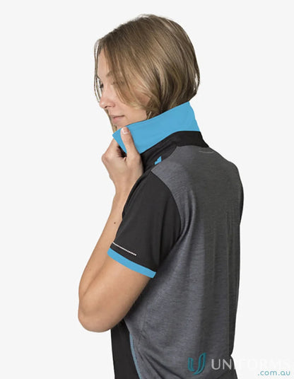 Woman wearing Ladies Soft Touch Stripe Polo with Blue Collar, cooldry moisture tech