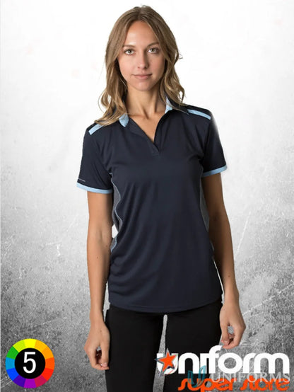 Woman wearing Ladies Soft Touch Stripe Polo with aegis microbe shield and cooldry polyester