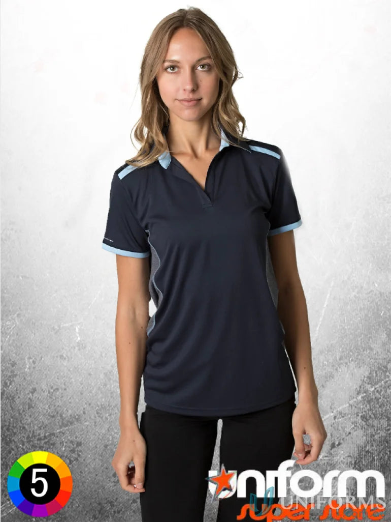 Woman wearing Ladies Soft Touch Stripe Polo with aegis microbe shield and cooldry polyester