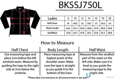 Ladies SoftShell Jacket sizing chart showing 3-layer bonded fabric and waterproof TPU membrane